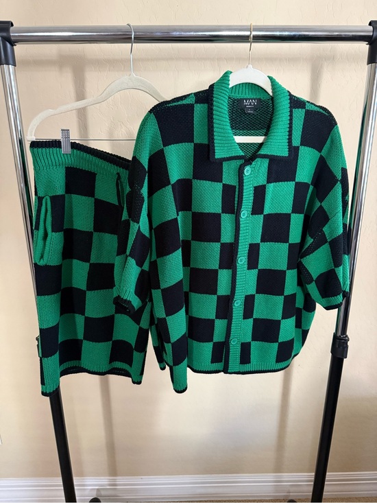 Boohoo Mens Other - Green & Black Checkerboard Knit Set